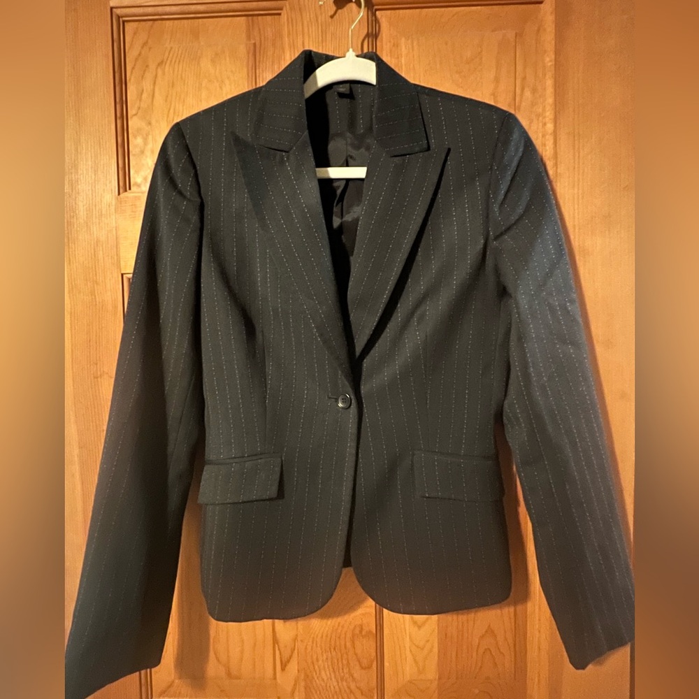 Women’s pinstripe suit.  Express - black with lavender pin stripe.